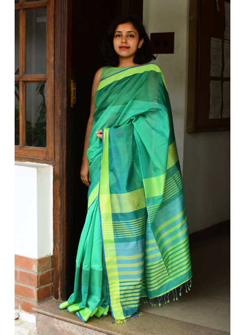 Green, Handwoven Organic Cotton, Textured Weave , Jacquard, Work Wear Saree